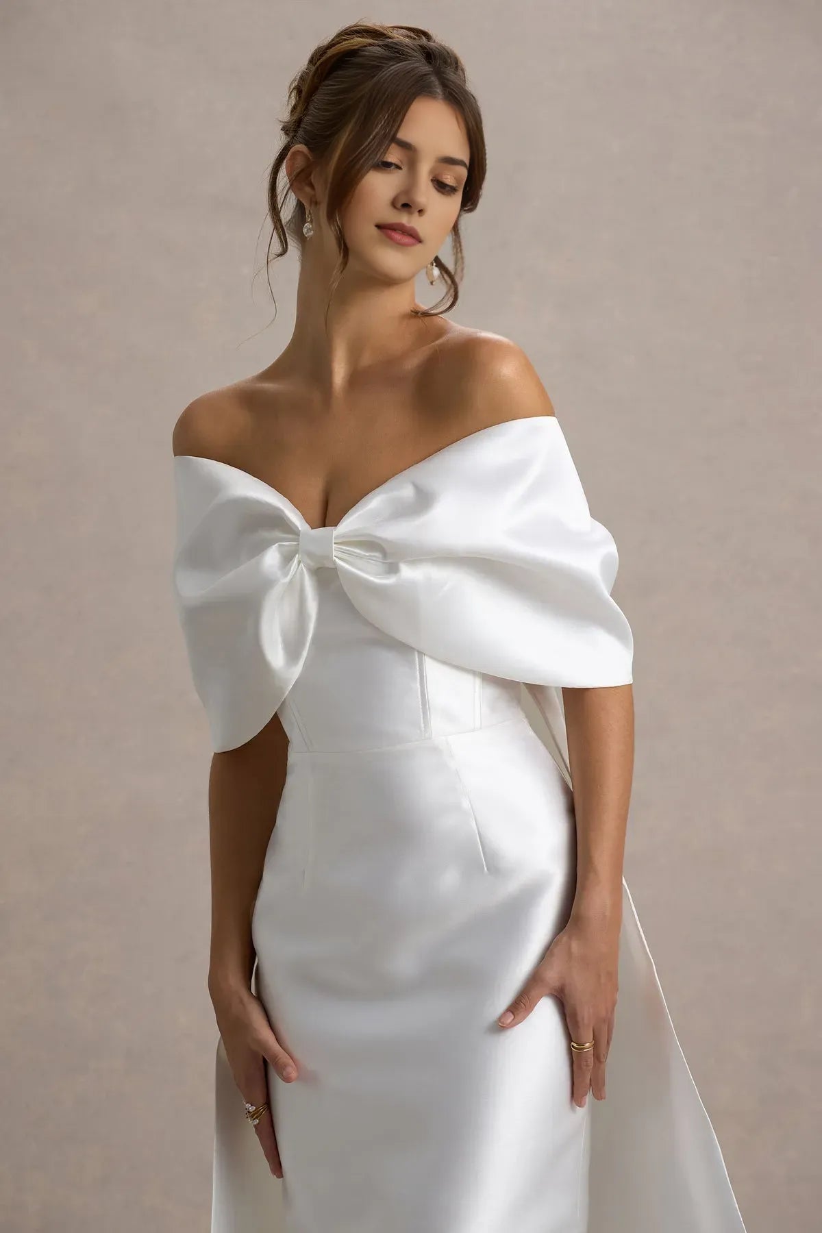 White Off Shoulder Prom Dress Bow Accent Fabric and Stunning Train for a Show Stopping Look