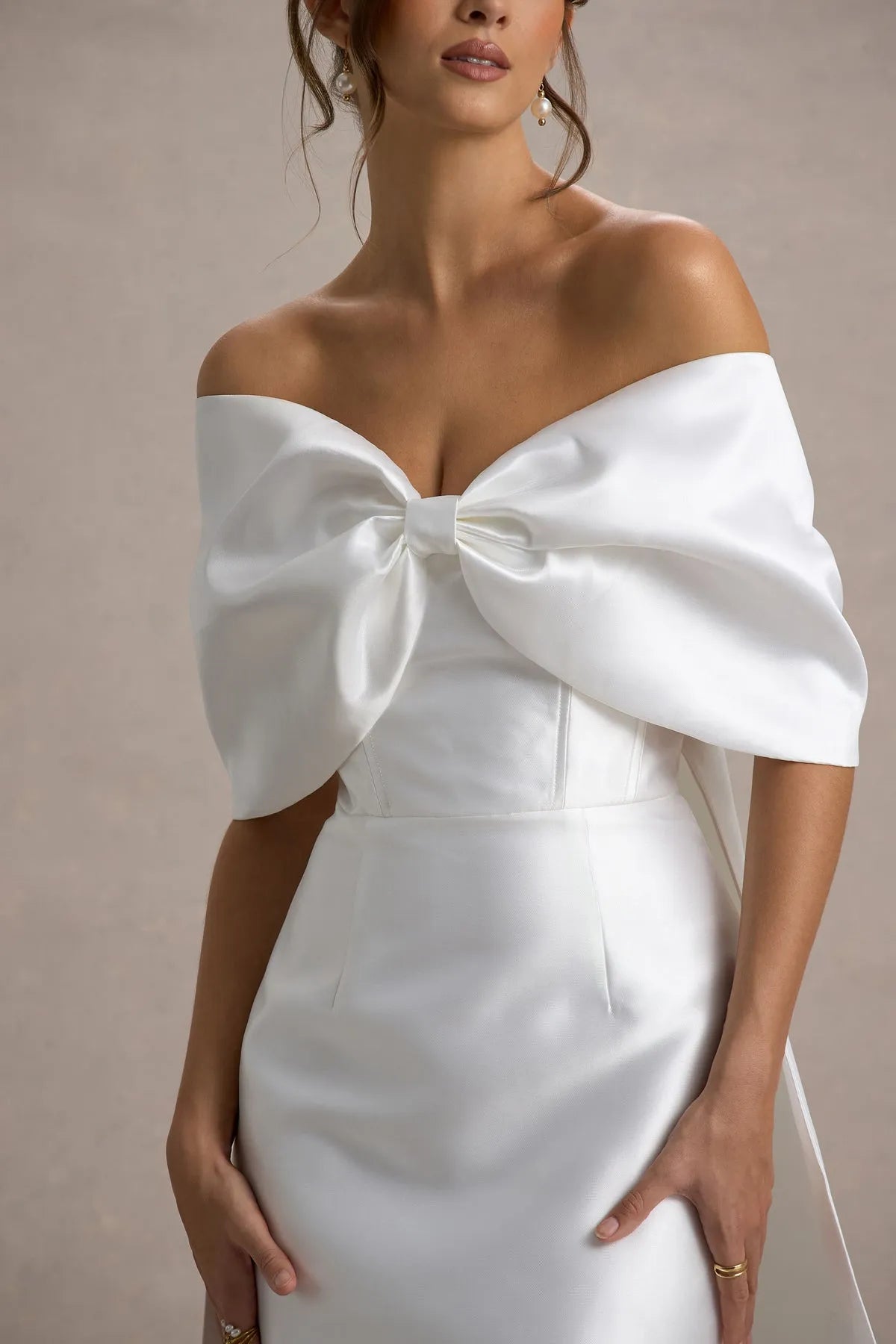 White Off Shoulder Prom Dress Bow Accent Fabric and Stunning Train for a Show Stopping Look