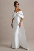 White Off Shoulder Prom Dress Bow Accent Fabric and Stunning Train for a Show Stopping Look