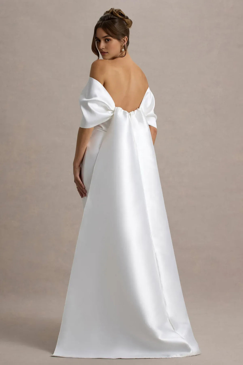 White Off - Shoulder Prom Dress with Bow Accent and Dramatic Train for Formal Galas