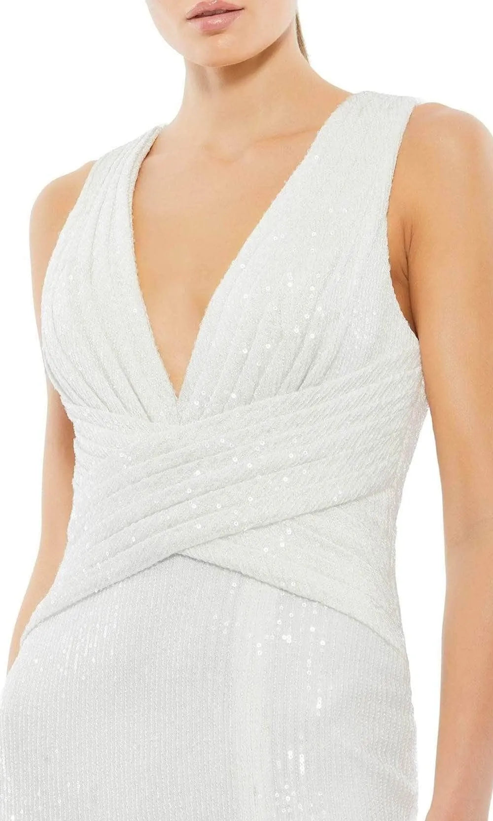 White Evening Dress Plunging V - Neckline Cross Wrap Design and High Thigh Slit to Shine at Your Event