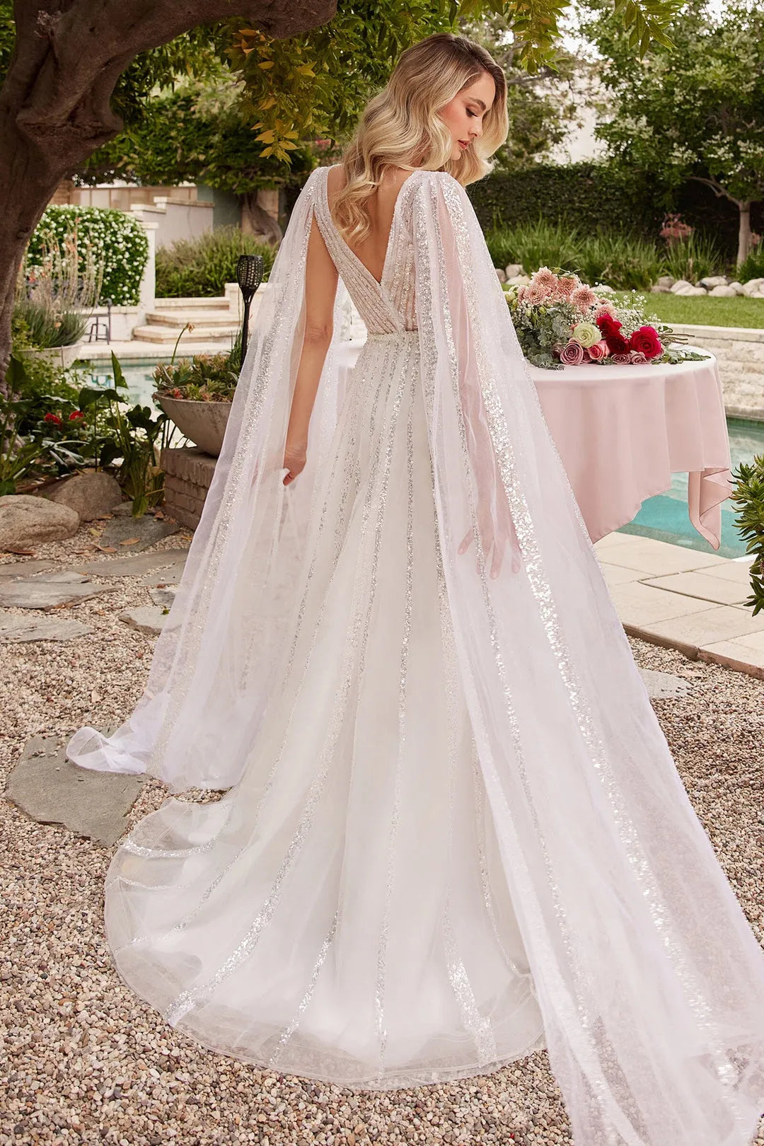 White Prom Dress with Sheer Cape Sleeves and Deep V - Neckline for Enchanting Evenings
