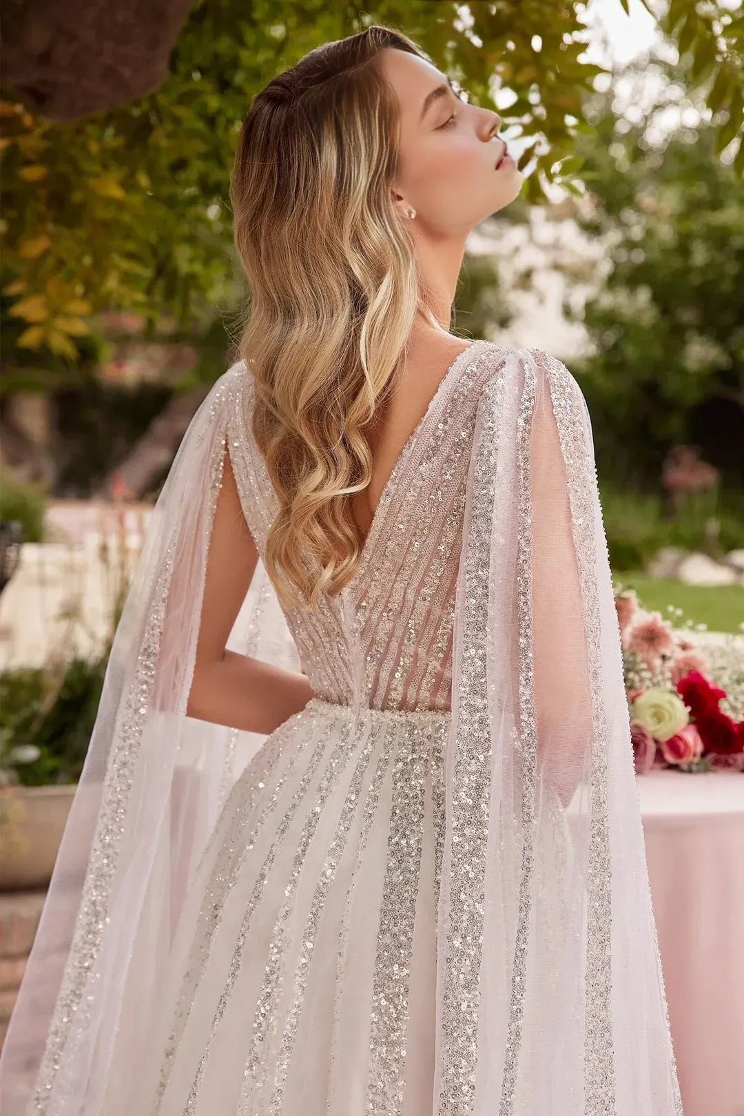 White Prom Dress with Sheer Cape Sleeves and Deep V - Neckline for Enchanting Evenings