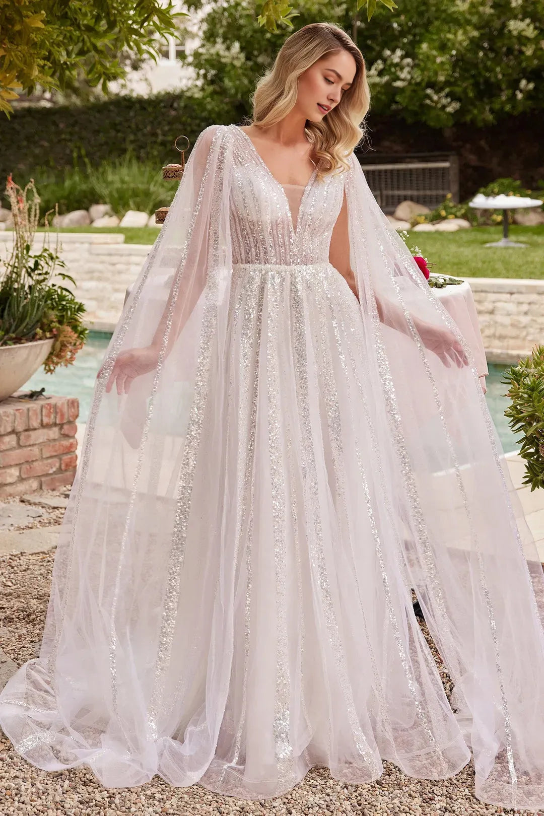 White Prom Dress with Sheer Cape Sleeves and Deep V - Neckline for Enchanting Evenings