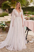 White Prom Dress with Sheer Cape Sleeves and Deep V - Neckline for Enchanting Evenings