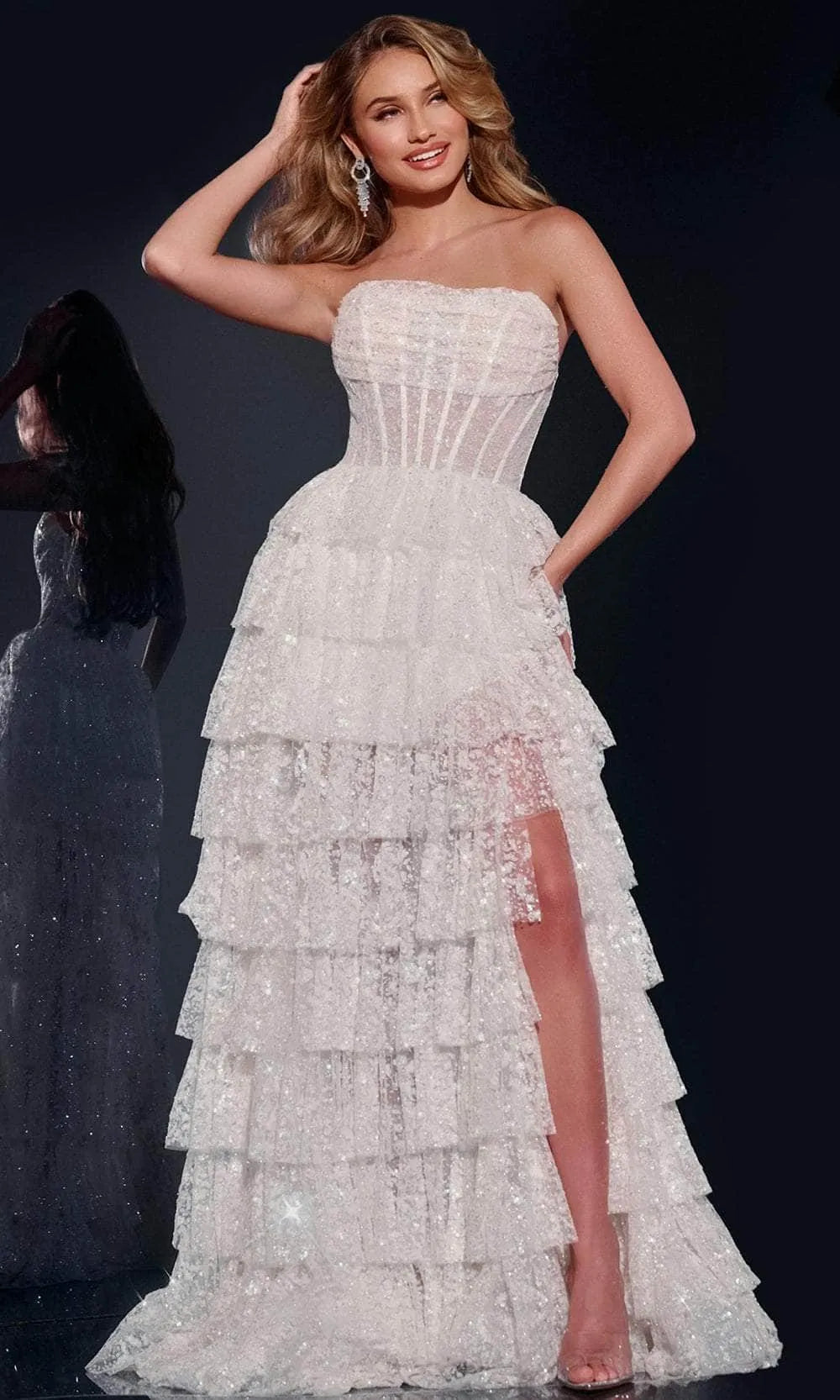 White Strapless Tiered Prom Gown with Sparkling and High Side Slit for Enchanting Formal Occasions