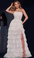 White Strapless Tiered Prom Gown with Sparkling and High Side Slit for Enchanting Formal Occasions