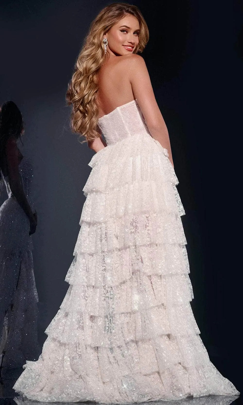White Strapless Tiered Prom Gown with Sparkling and High Side Slit for Enchanting Formal Occasions