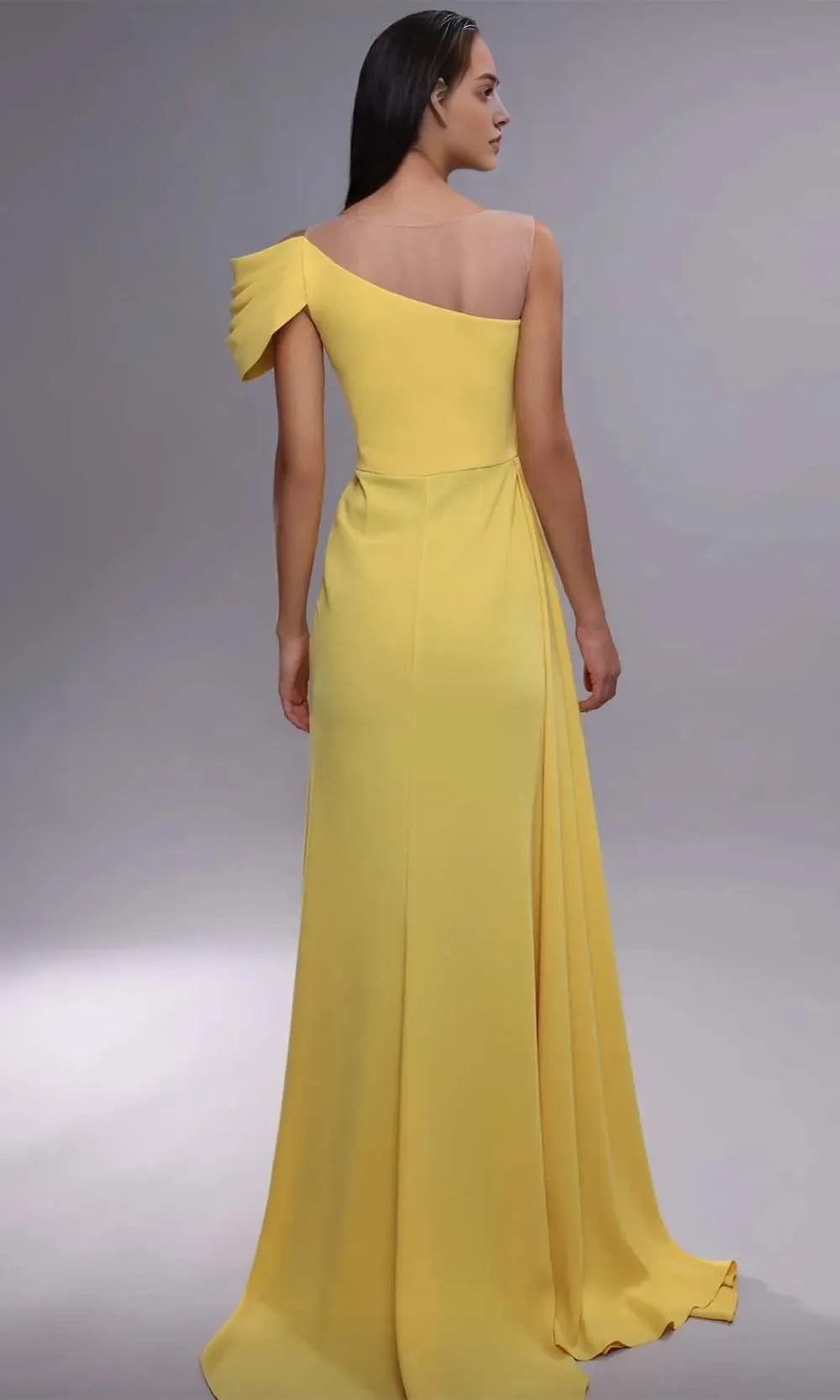 Yellow Evening Dresses with Sheer Illusion Neckline Embellishments Asymmetric Draping and High Side Slit