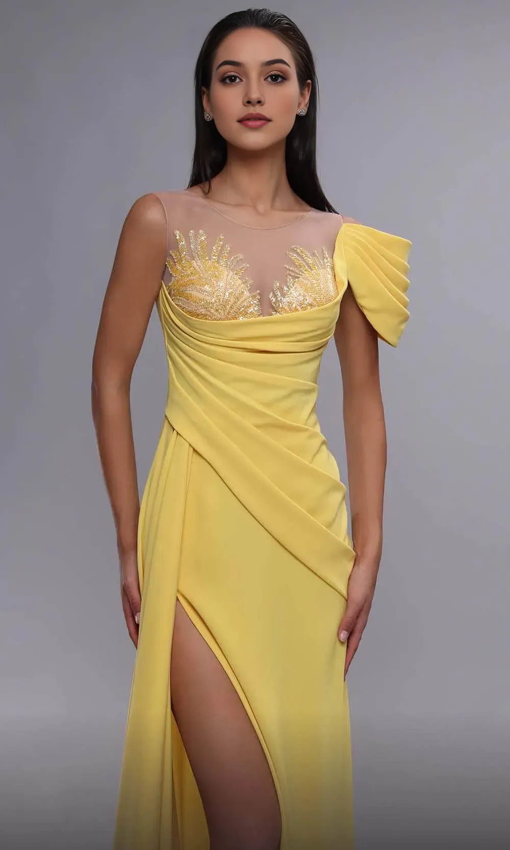 Yellow Evening Dresses with Sheer Illusion Neckline Embellishments Asymmetric Draping and High Side Slit