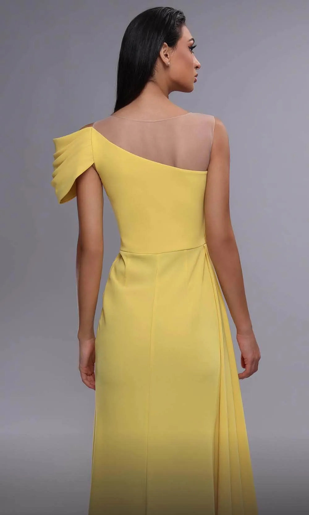 Yellow Evening Dresses with Sheer Illusion Neckline Embellishments Asymmetric Draping and High Side Slit
