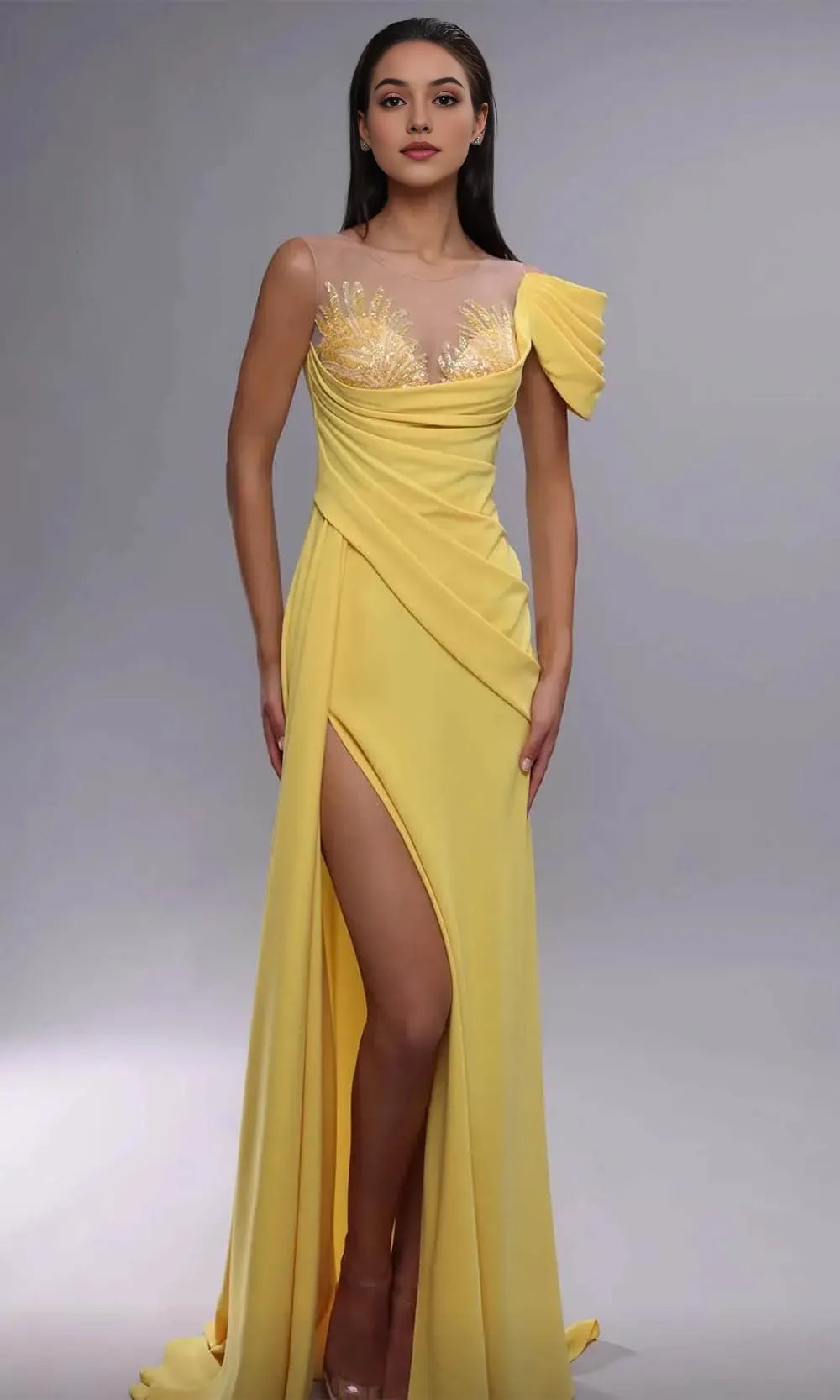 Yellow Evening Dresses with Sheer Illusion Neckline Embellishments Asymmetric Draping and High Side Slit