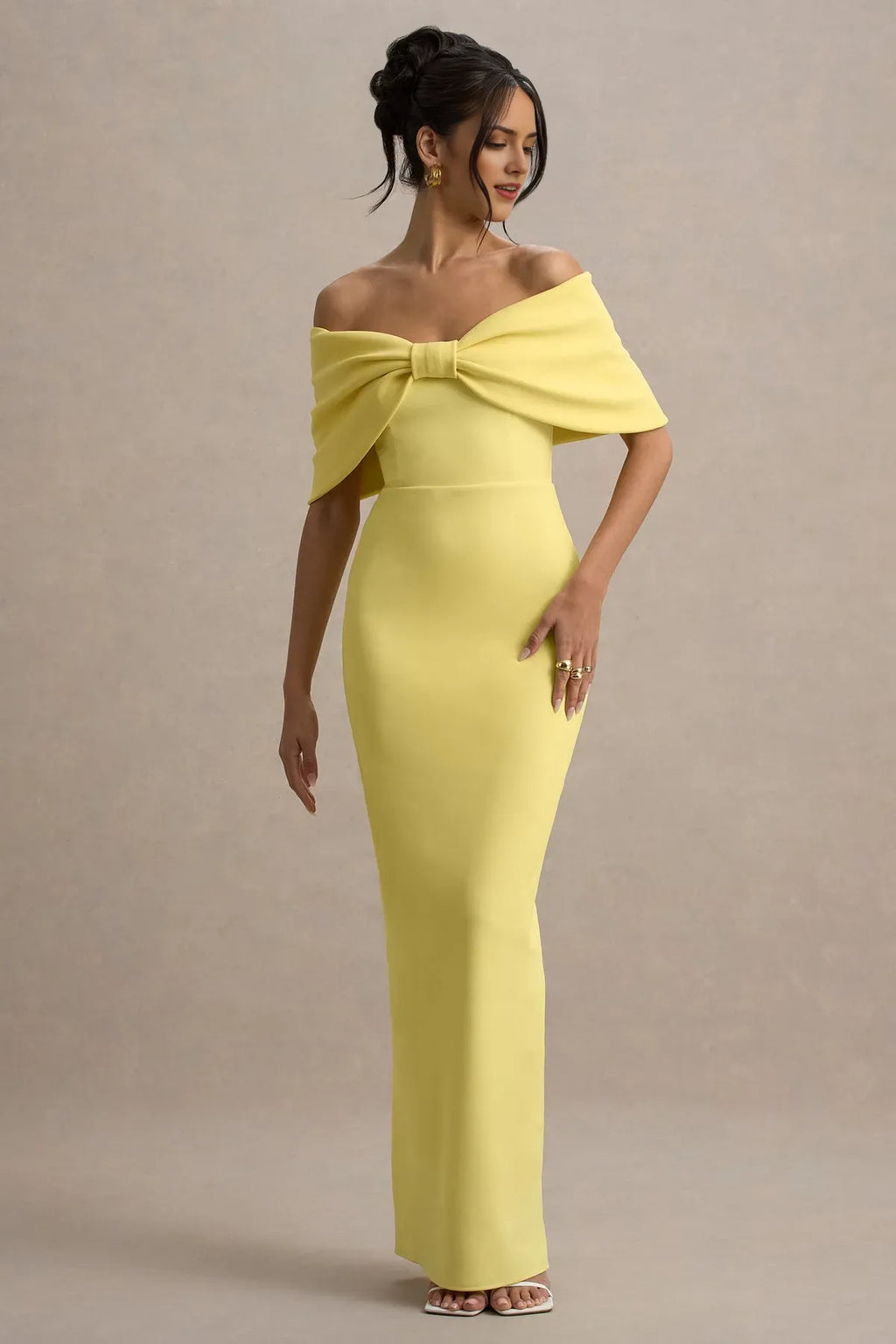 Yellow Off Shoulder Prom Dress with Bow Shaped Capelet, Bodycon Silhouette Floor - Length Design Ideal for Formal Galas Evening Balls Sophisticated Soirées