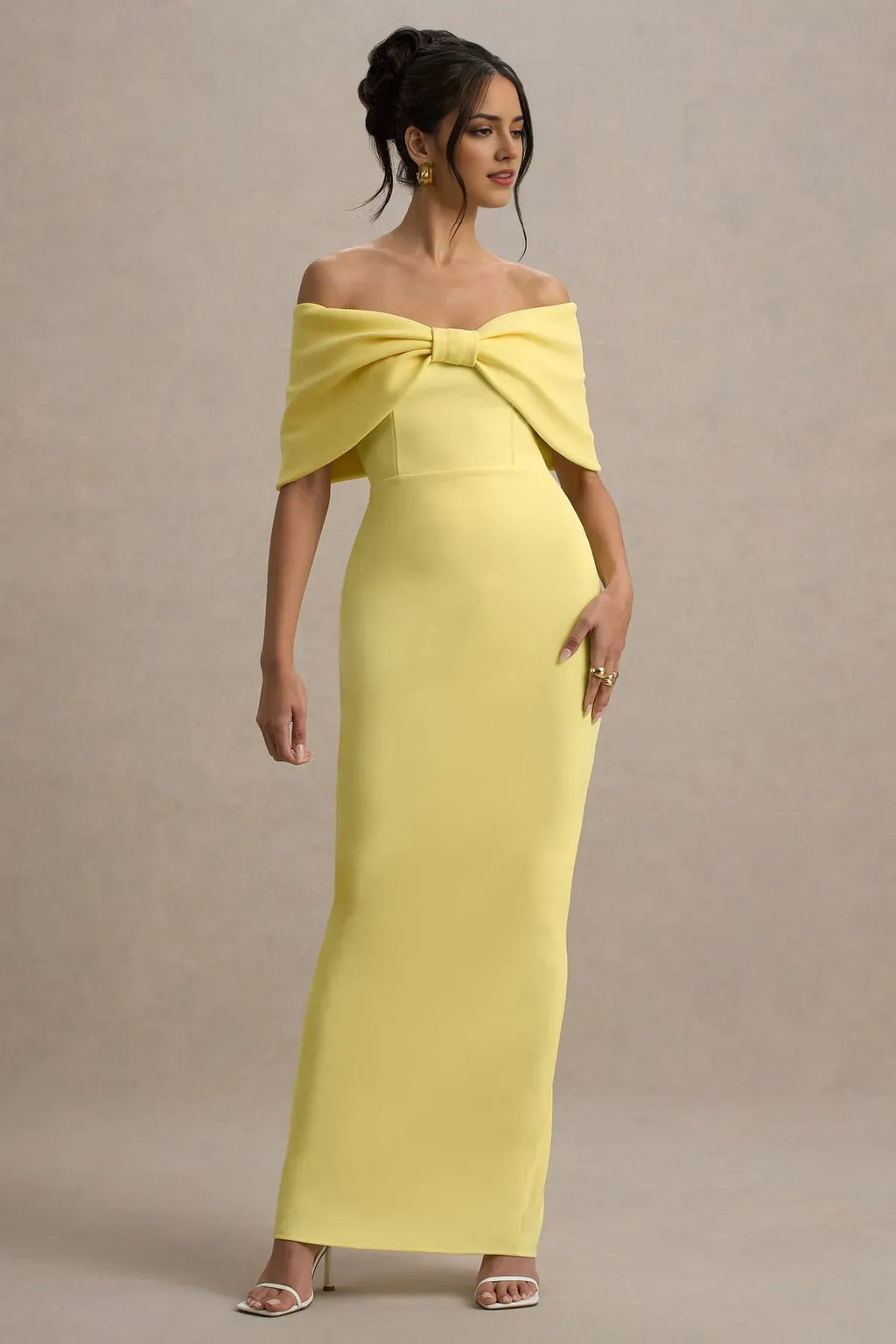 Yellow Off Shoulder Prom Dress with Bow Shaped Capelet, Bodycon Silhouette Floor - Length Design Ideal for Formal Galas Evening Balls Sophisticated Soirées