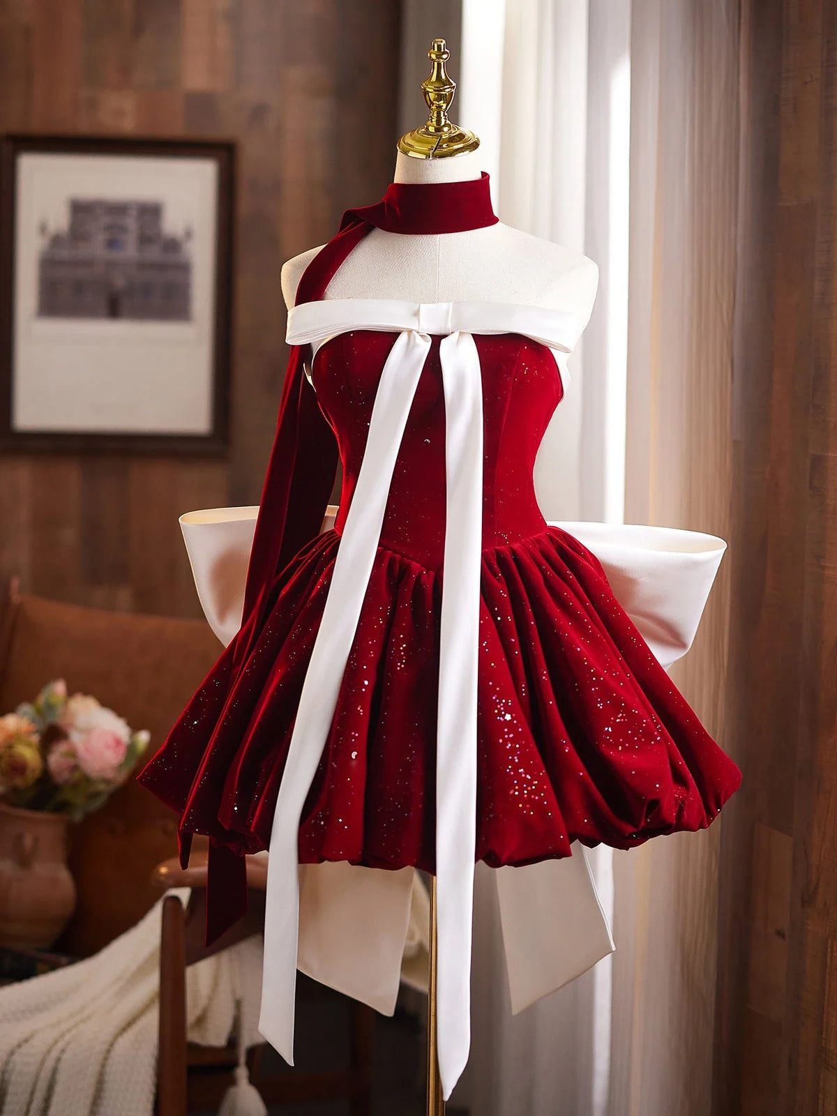 Special Occasion Sophisticated Graceful Elegant Wine Red Velvet A-Line Mini Homecoming Dress