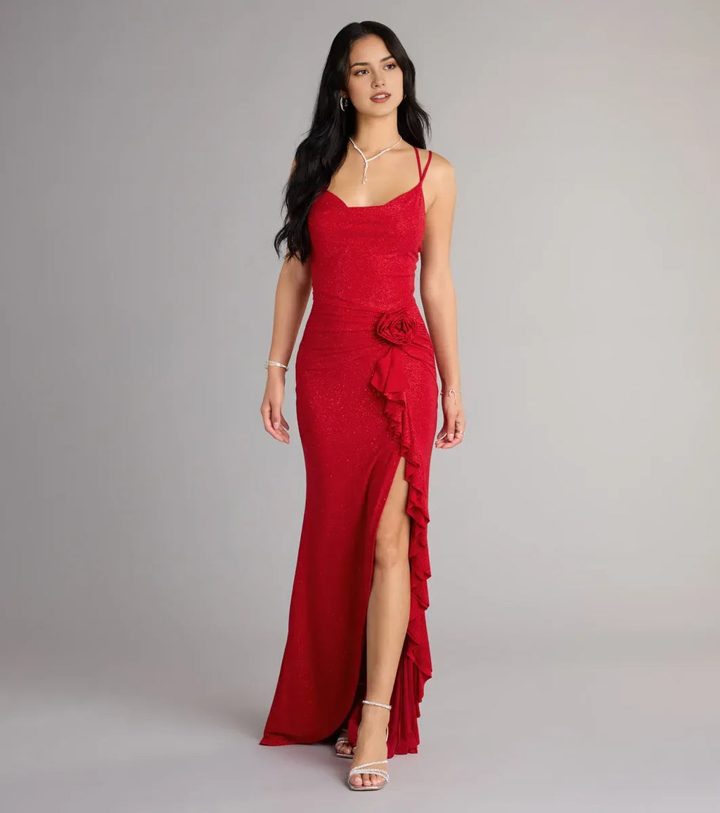 Red Mermaid Cowl Neckline Spaghetti Straps Crisscross-Strap Floor-Length Glitter Ruffle Slit Prom Dress