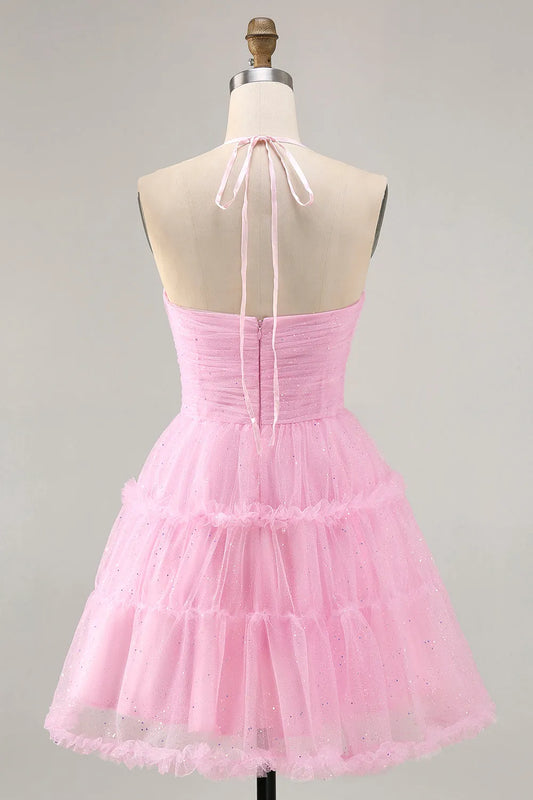 Elegant Pink Ruffled A-Line Classic-Neck Classic-Sleeve Classic-Back Mini-Length Homecoming Dress