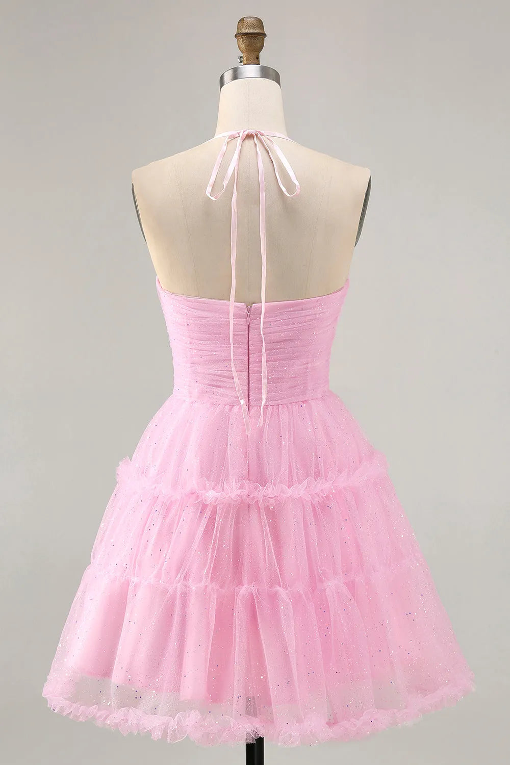 Pink Glitter Ruffled Short Homecoming Dress with Keyhole