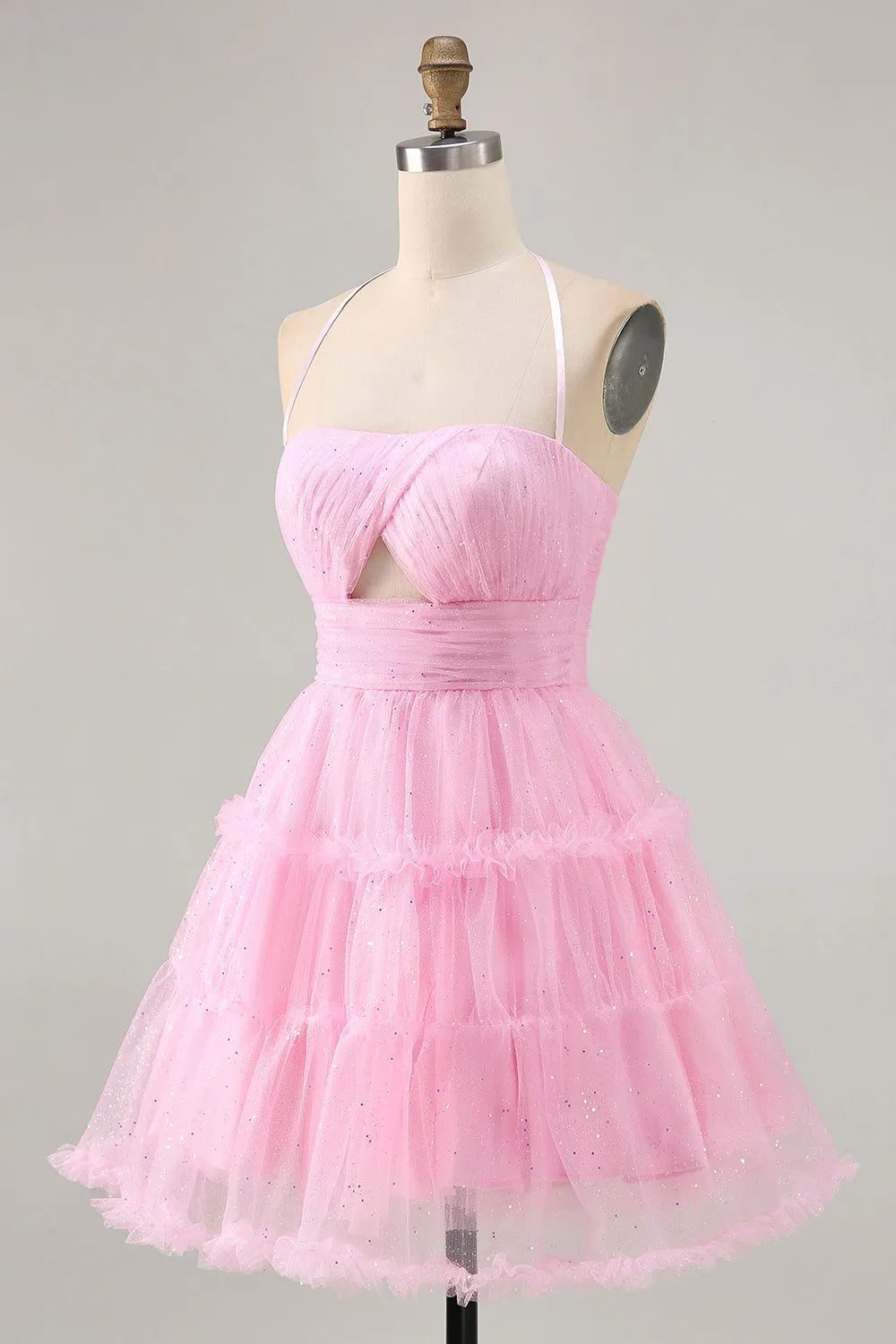 Pink Glitter Ruffled Short Homecoming Dress with Keyhole