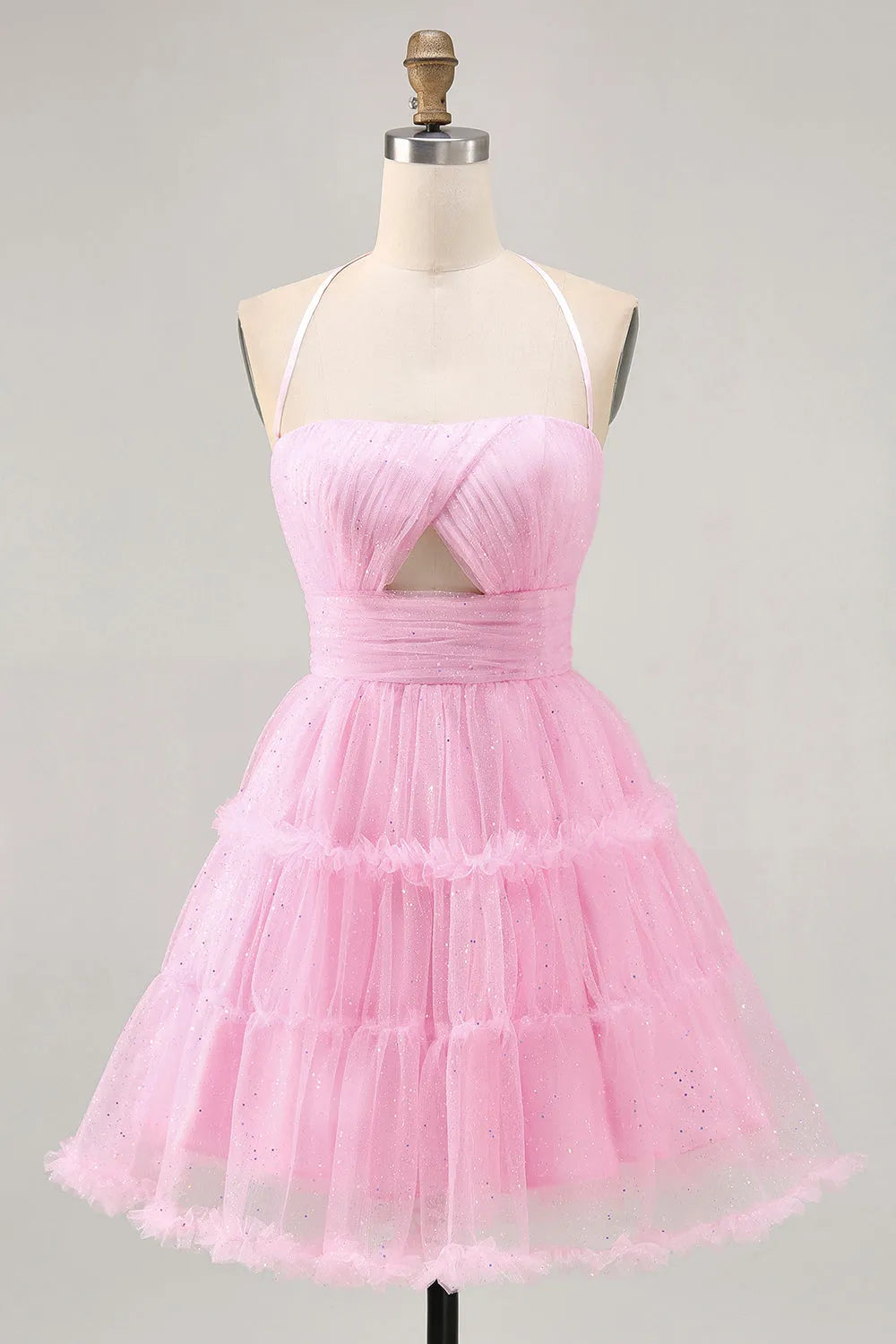 Pink Glitter Ruffled Short Homecoming Dress with Keyhole