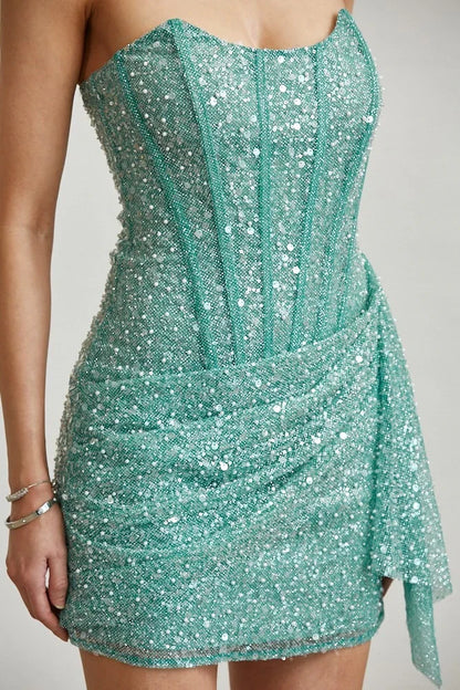 Timeless Special Occasion Sophisticated Elegant Glitter Sheath Strapless Sleeveless Mini Homecoming Dress