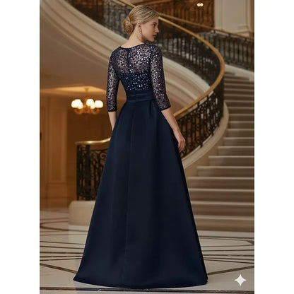 Elegant Navy Blue Satin A-Line Illusion Ruffle Floor-Length Mother of the Bride Dress