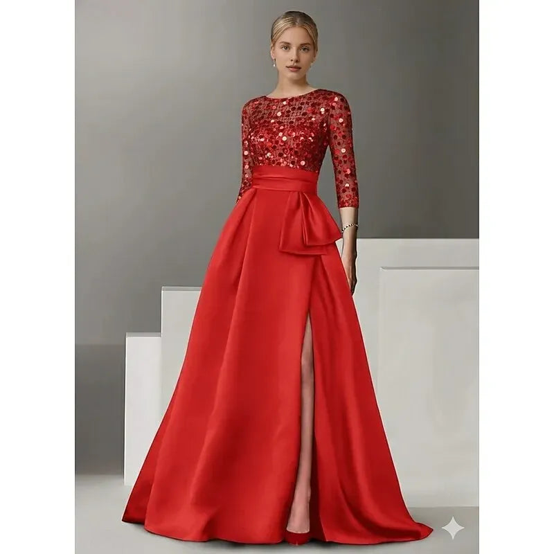 Elegant Navy Blue Satin A-Line Illusion Ruffle Floor-Length Mother of the Bride Dress
