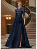 Elegant Navy Blue Satin A-Line Illusion Ruffle Floor-Length Mother of the Bride Dress