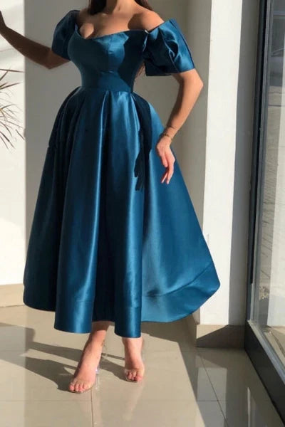 Blue Glorious Off-the-shoulder A-Line Ankle-Length Evening Dresses