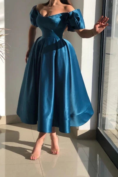 Blue Glorious Off-the-shoulder A-Line Ankle-Length Evening Dresses