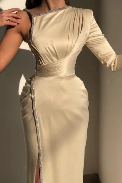 Ivory Glorious One Shoulder Long-Sleeve Sheath Evening Dresses With Sequins