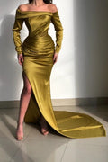 Yellow Glorious Off-the-shoulder Long-Sleeve Mermaid Long-Sleeve Evening Dresses
