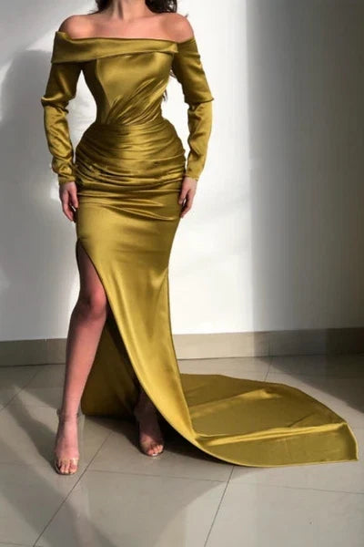 Yellow Glorious Off-the-shoulder Long-Sleeve Mermaid Long-Sleeve Evening Dresses