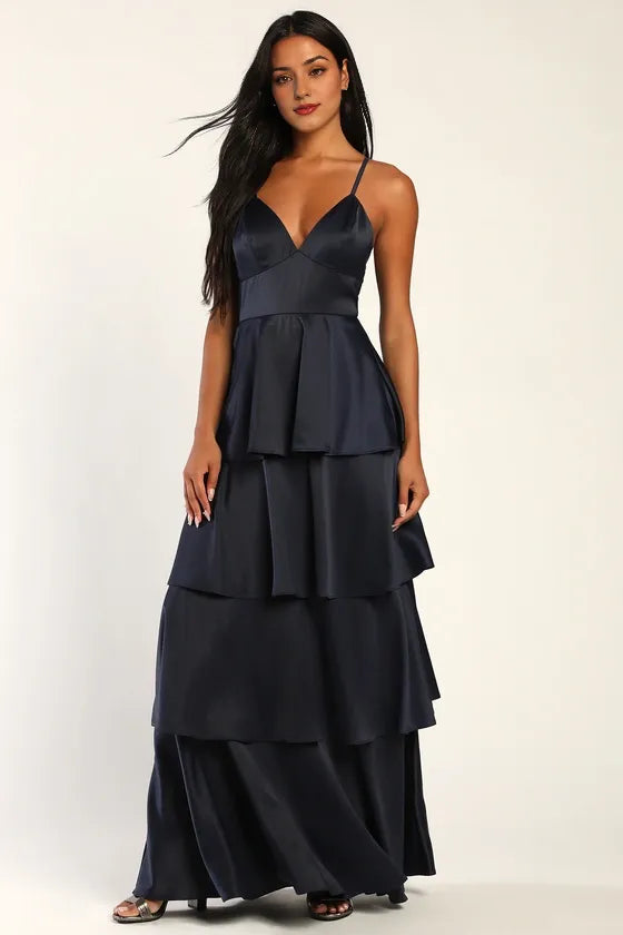 Blue Going with Elegance Slate Tiered Gown Evening Dresses