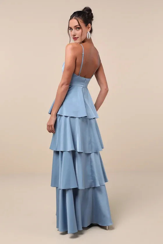 Blue Going with Elegance Slate Tiered Gown Evening Dresses