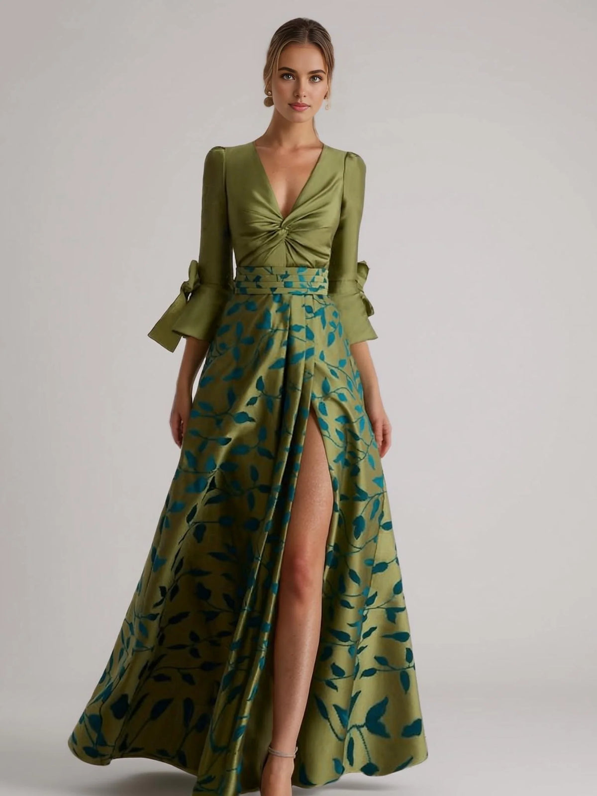 Elegant Olive Green Satin A-Line Slit Floor-Length Mother of the Bride Dress