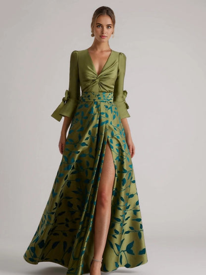 Elegant Olive Green Satin A-Line Slit Floor-Length Mother of the Bride Dress