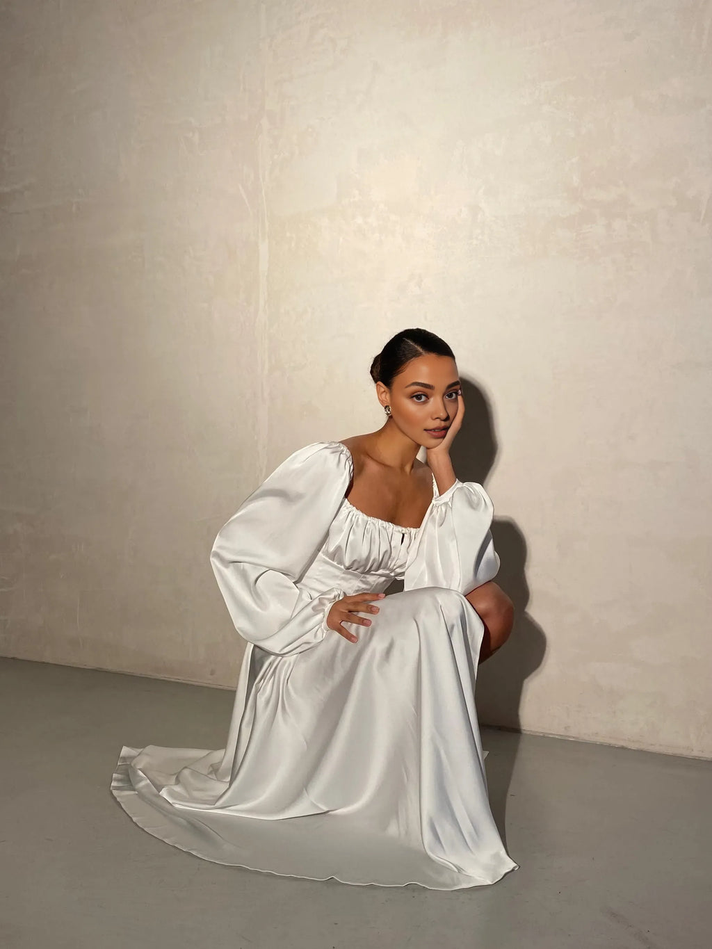 Beautiful Elegant Red Satin A-Line Square Neck Long Sleeve Floor-Length Wedding Dress