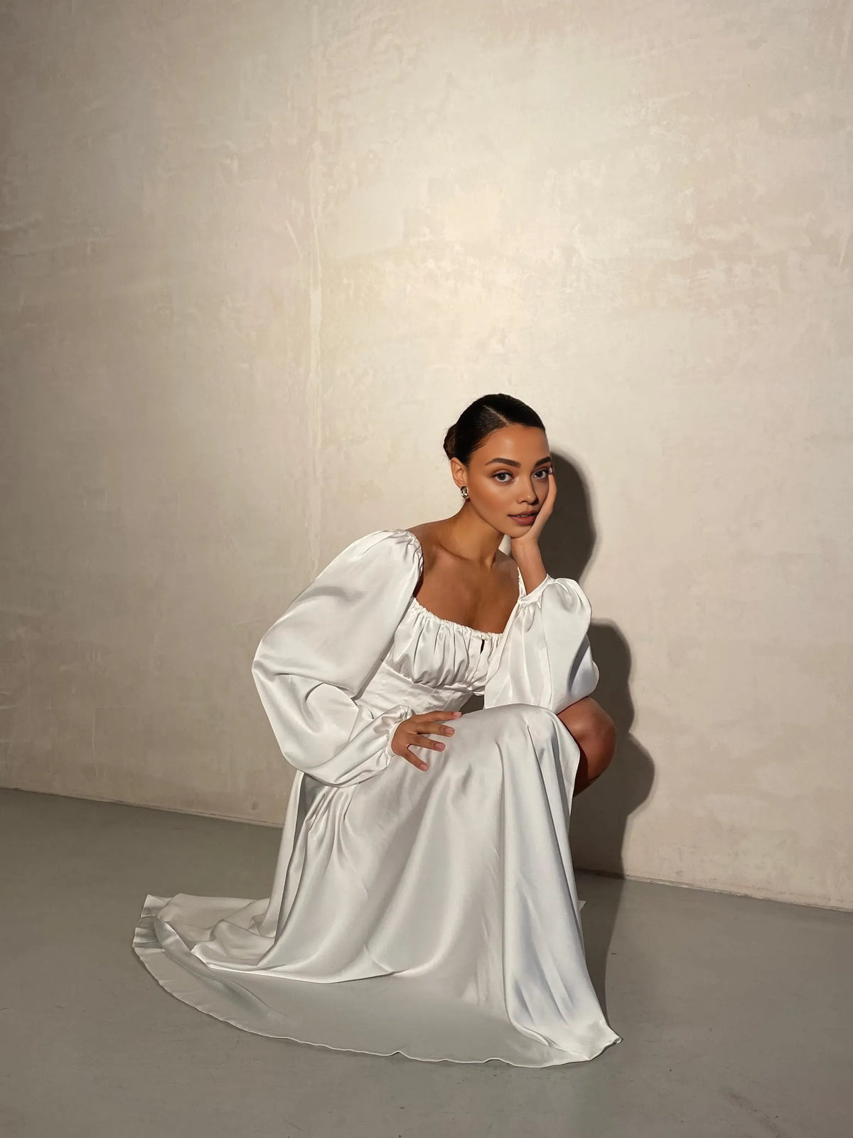 Beautiful Elegant Red Satin A-Line Square Neck Long Sleeve Floor-Length Wedding Dress