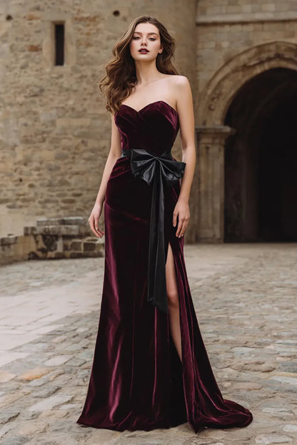 Refined Beautiful Timeless Chic Elegant Burgundy Velvet A-Line Strapless Sleeveless Prom Dress