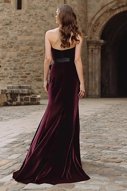 Refined Beautiful Timeless Chic Elegant Burgundy Velvet A-Line Strapless Sleeveless Prom Dress