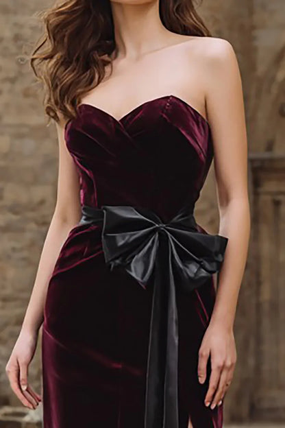 Refined Beautiful Timeless Chic Elegant Burgundy Velvet A-Line Strapless Sleeveless Prom Dress