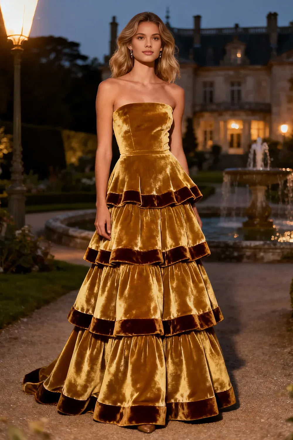 Special Occasion Sophisticated Graceful Elegant Gold Velvet A-Line Strapless Sleeveless Prom Dress