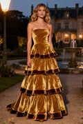 Special Occasion Sophisticated Graceful Elegant Gold Velvet A-Line Strapless Sleeveless Prom Dress