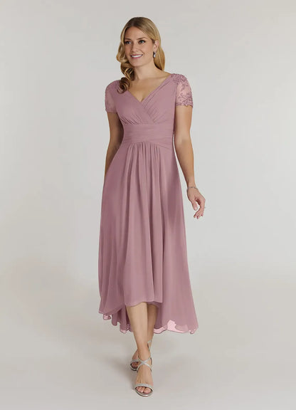 Elegant Dusty Rose Chiffon A-Line V-Neck Short Sleeve Short Mother of the Bride Dress