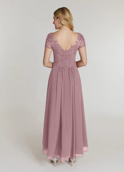 Elegant Dusty Rose Chiffon A-Line V-Neck Short Sleeve Short Mother of the Bride Dress