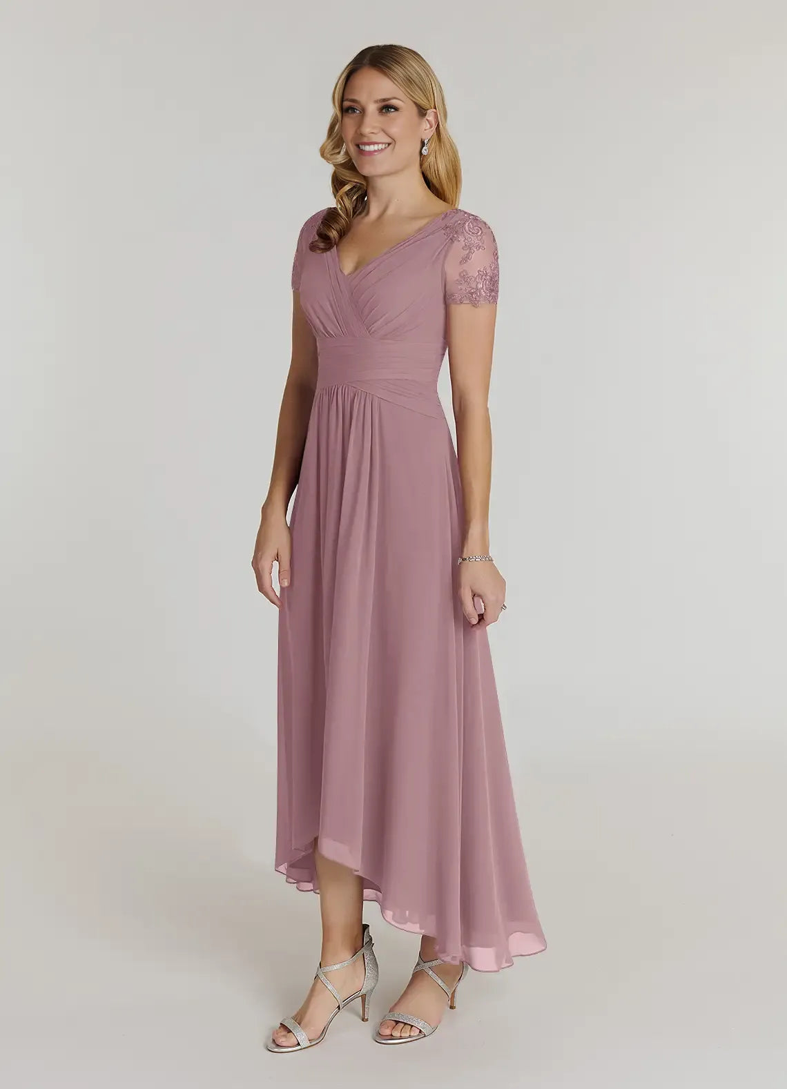 Elegant Dusty Rose Chiffon A-Line V-Neck Short Sleeve Short Mother of the Bride Dress