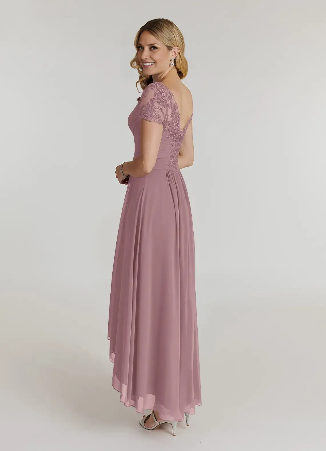 Elegant Dusty Rose Chiffon A-Line V-Neck Short Sleeve Short Mother of the Bride Dress