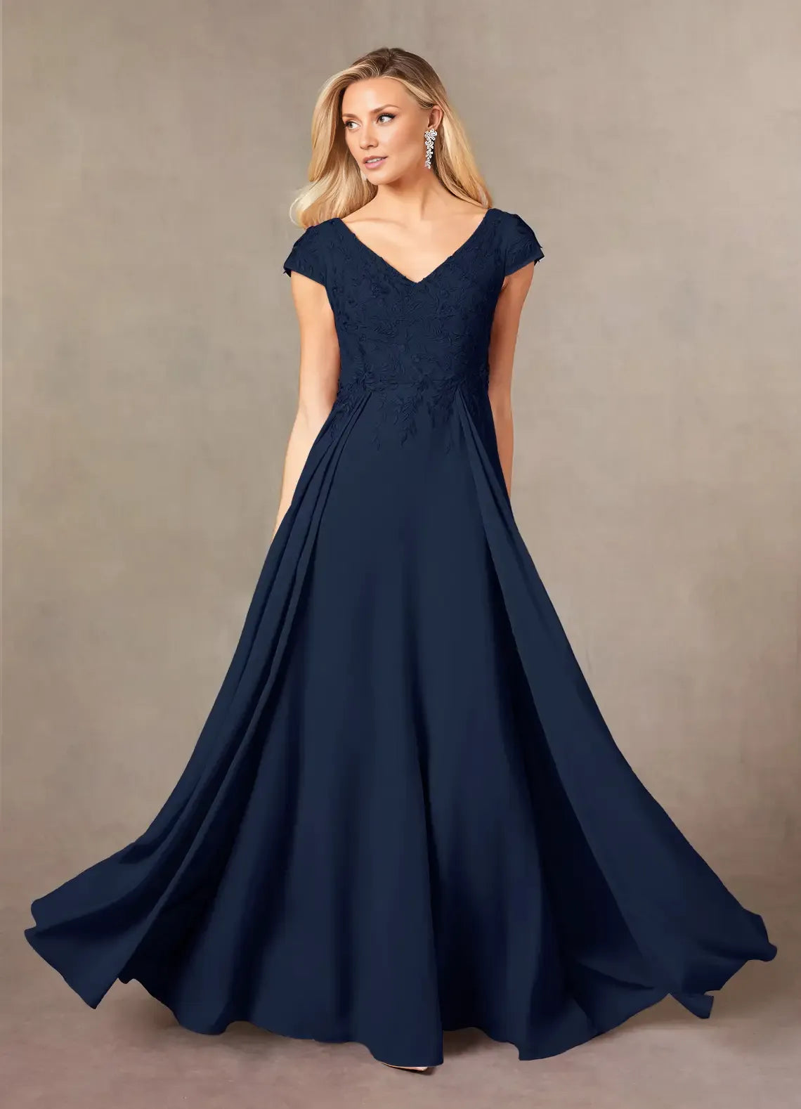 Beautiful Elegant Navy Blue Lace A-Line Floor-Length Mother of the Bride Dress