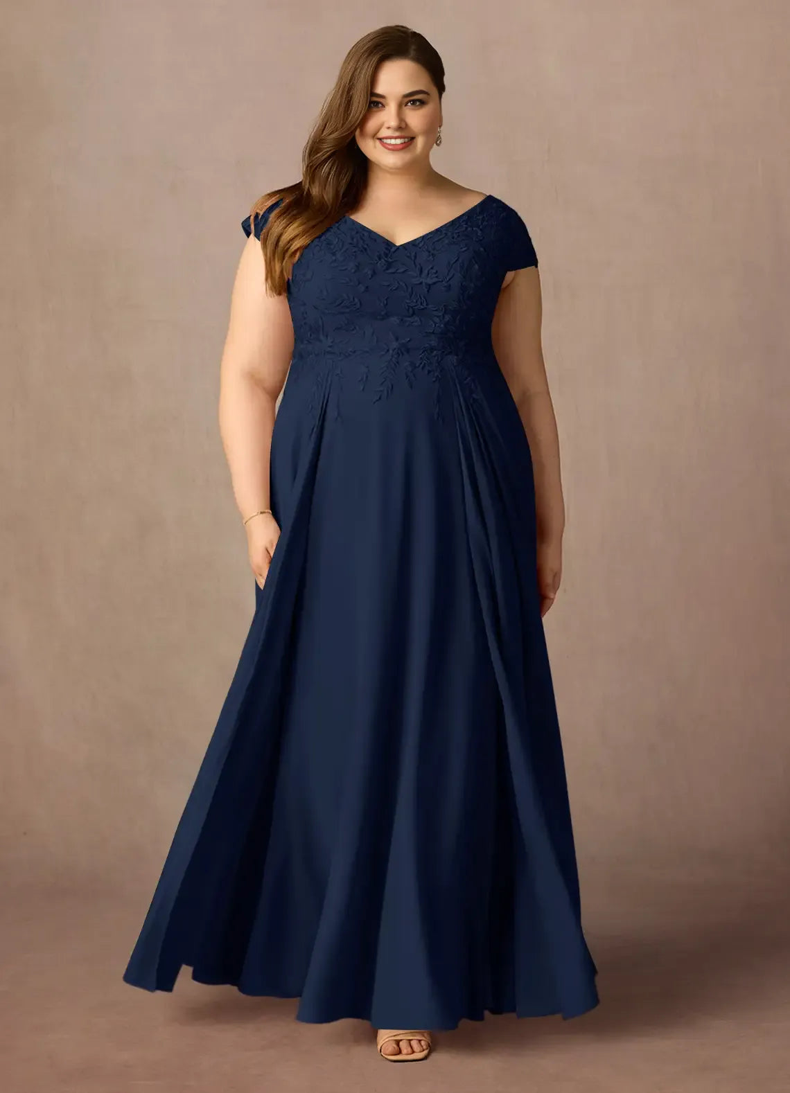 Stylish Elegant Navy Blue Lace A-Line Floor-Length Mother of the Bride Dress